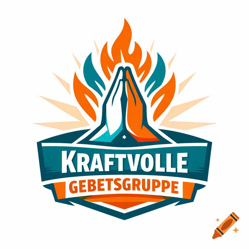 Logo with praying hands, orange flames, teal leaves, and 'KRAFTVOLLE GEBETSGRUPPE' on a banner.