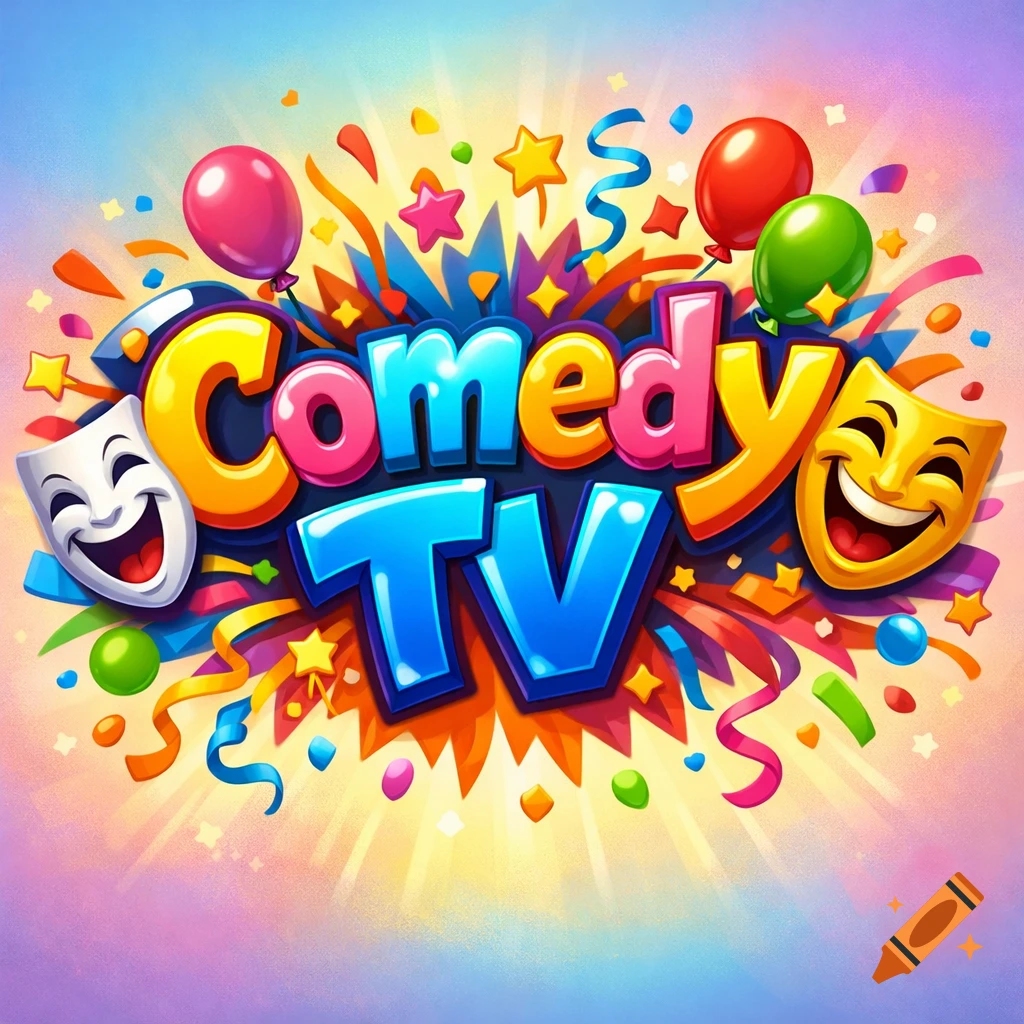 Colorful cartoon logo for Comedy TV with bubbly letters, surrounded by balloons, confetti, and theater masks on a radiant background.