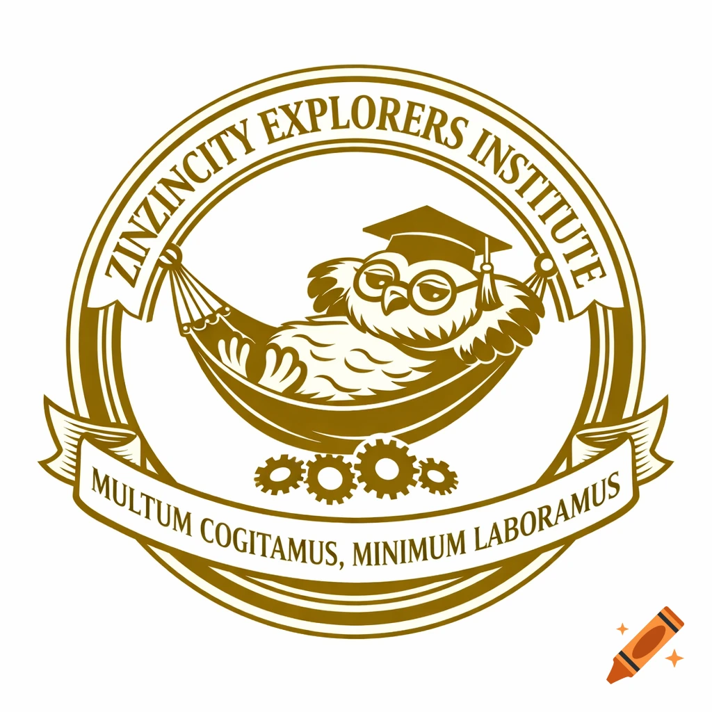 A gold logo features a scholarly owl with glasses and a graduation cap relaxing in a hammock. Text reads "ZINZINCITY EXPLORERS INSTITUTE" above and "MULTUM COGITAMUS, MINIMUM LABORAMUS" below, with gears at the bottom.
