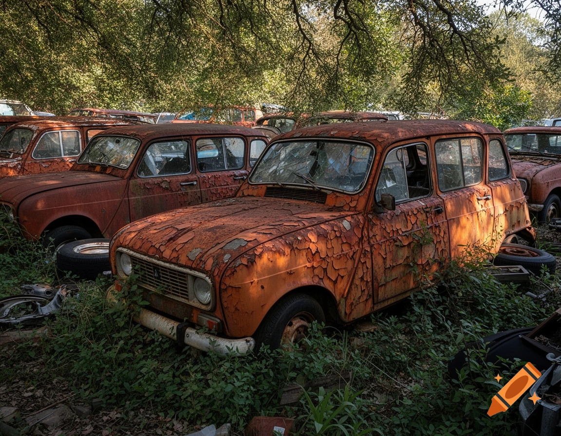 Rusty orange Renault 4 cars overgrown with green foliage in an abandoned lot.