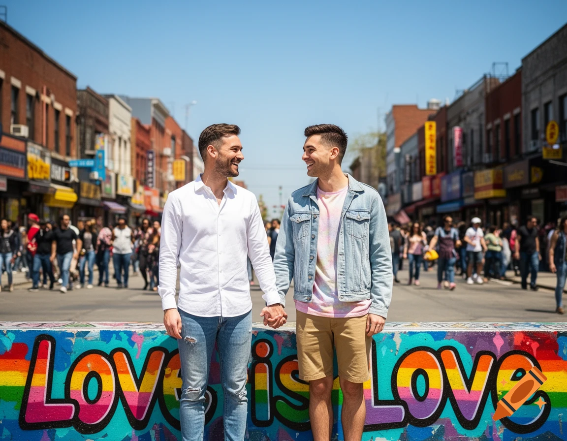 Two happy men holding hands in a city street in front of 'Love is Love' graffiti.