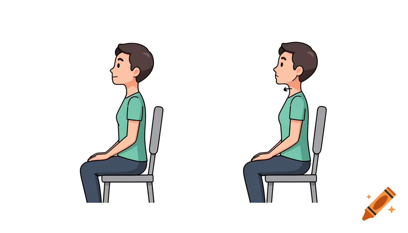 Cartoon illustration of a person demonstrating a chin tuck exercise with before and after poses, showing good posture.