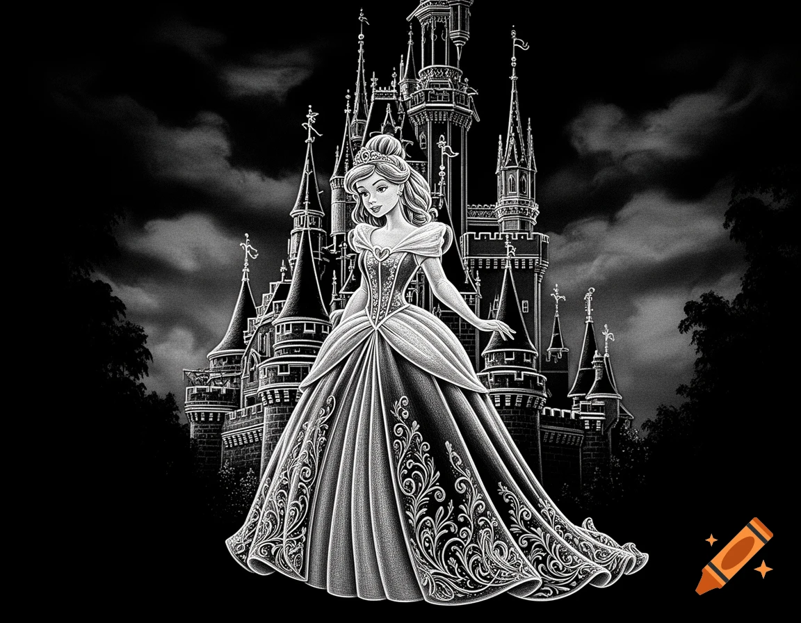 A black and white illustration of a princess in an elaborate gown standing in front of a majestic castle under a cloudy sky.