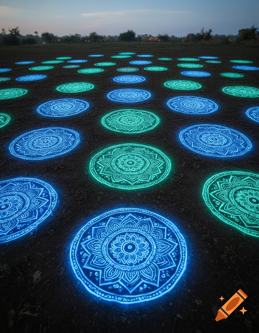Glowing blue and green mandala patterns illuminate a dark field at dusk under a clear sky.