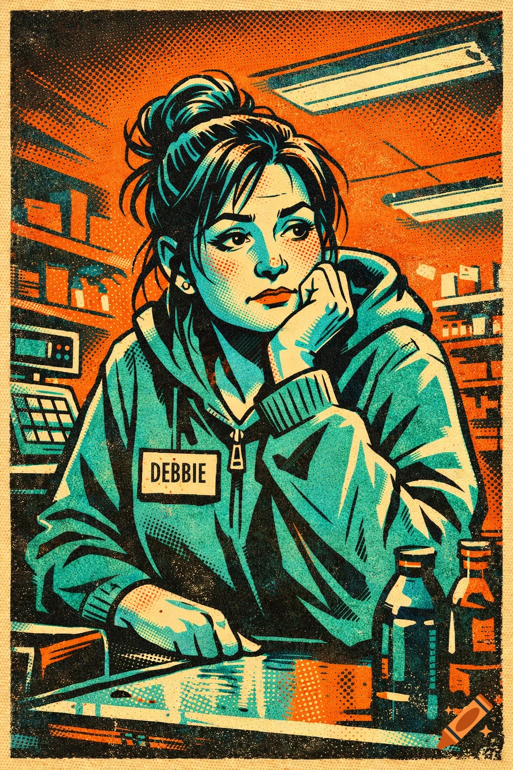 A vintage pulp art illustration of a tired female cashier named Debbie, leaning on her hand at a grocery store checkout.