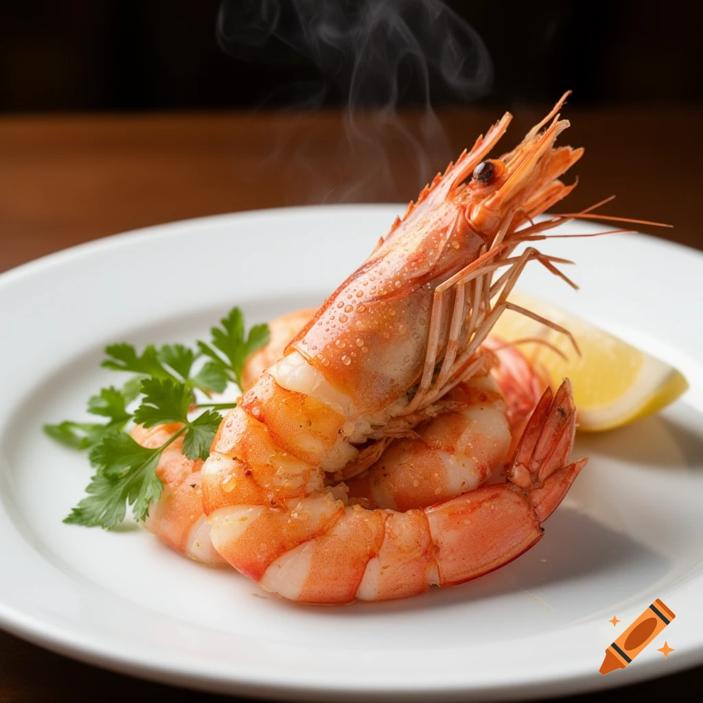 Steaming cooked shrimp garnished with parsley and a lemon wedge on a white plate.