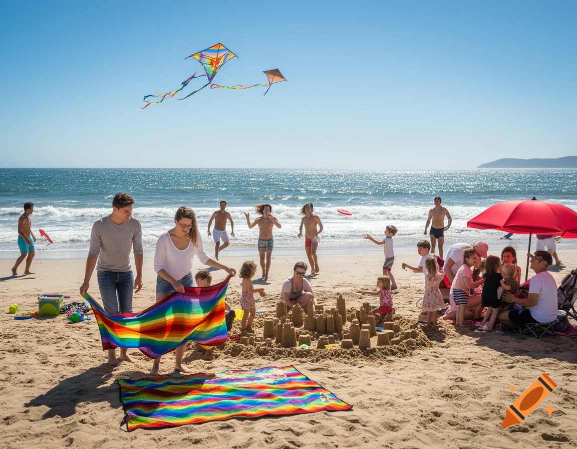 Families enjoy a sunny beach day with kites flying, children playing, and sandcastles being built near the ocean.