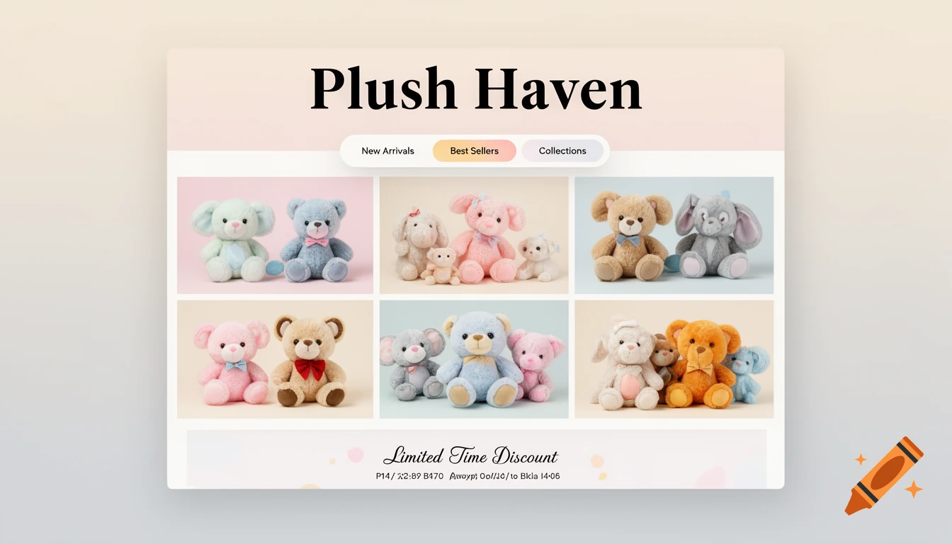A minimalist e-commerce website design for plush toys, showing various cute stuffed animals in a grid layout and promotional text.