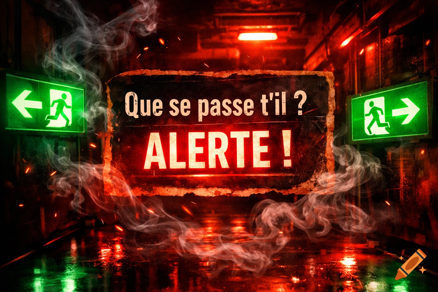 A dark, smoke-filled, red-lit corridor with a central sign reading 'Que se passe t'il ? ALERTE !' and green emergency exit signs.