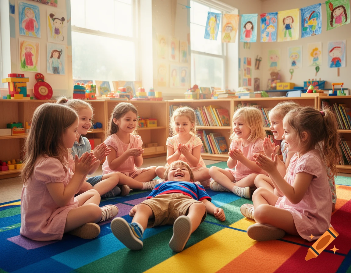 Young children clap in a circle on a colorful rug in a kindergarten classroom, with a laughing boy on his back in the center.