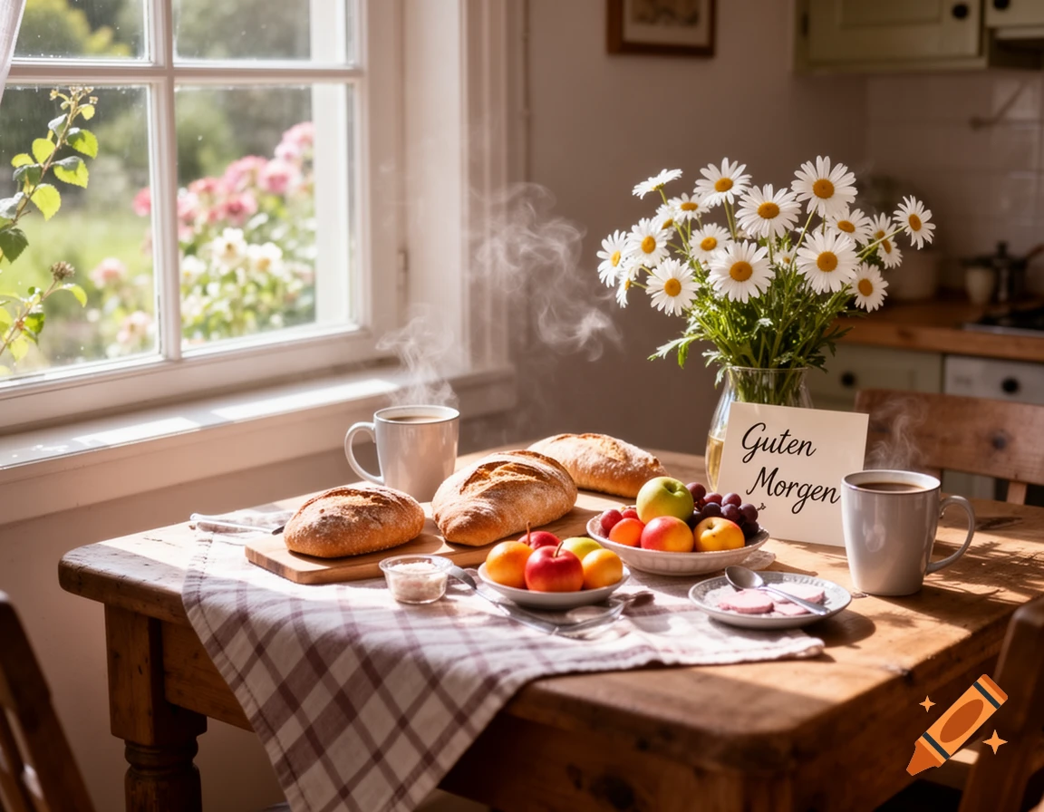 A sunlit breakfast table with fresh bread, fruit, steaming coffee, a vase of daisies, and a 'Guten Morgen' card by a window.