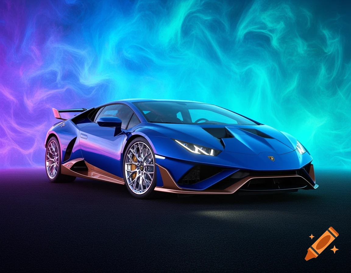 A sleek blue Lamborghini sports car with bronze accents is parked against a vibrant, glowing purple and blue abstract background.