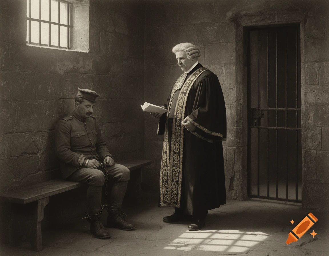 A judge in robes and wig stands before a shackled prisoner in a sepia-toned prison cell.