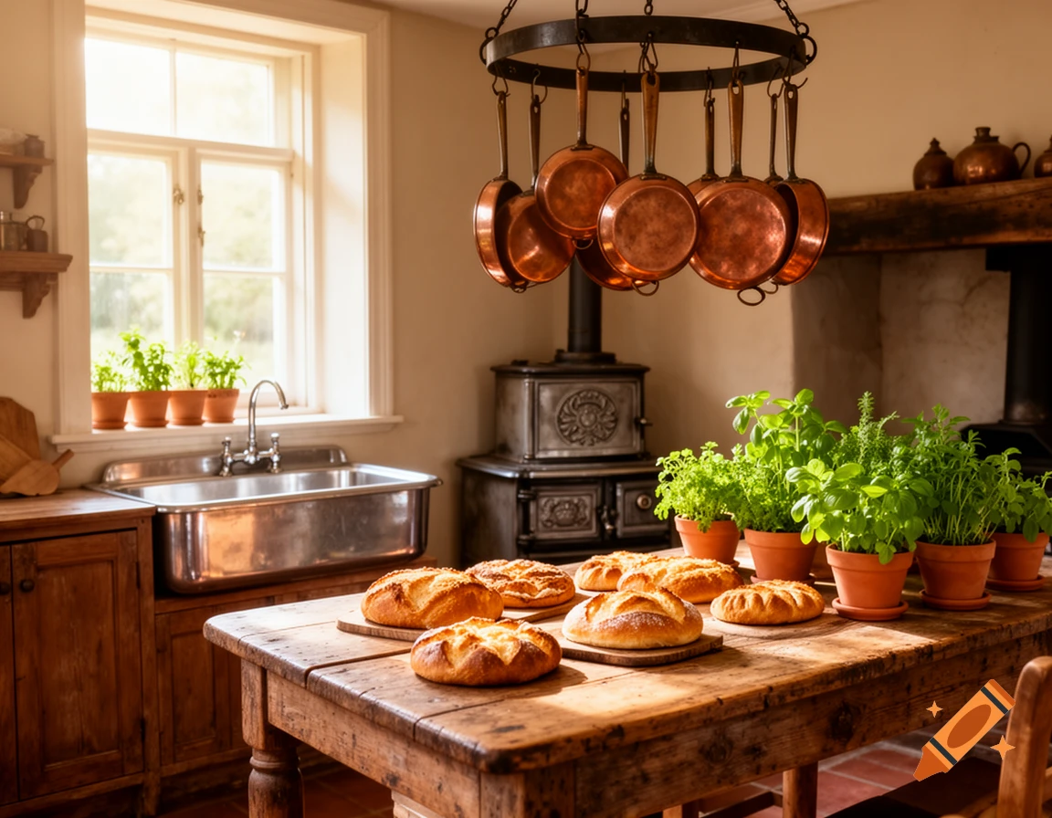 A rustic kitchen with a wooden table holding freshly baked bread and potted herbs. Copper pans hang above an old-fashioned stove, and a metal sink sits beneath a large window.