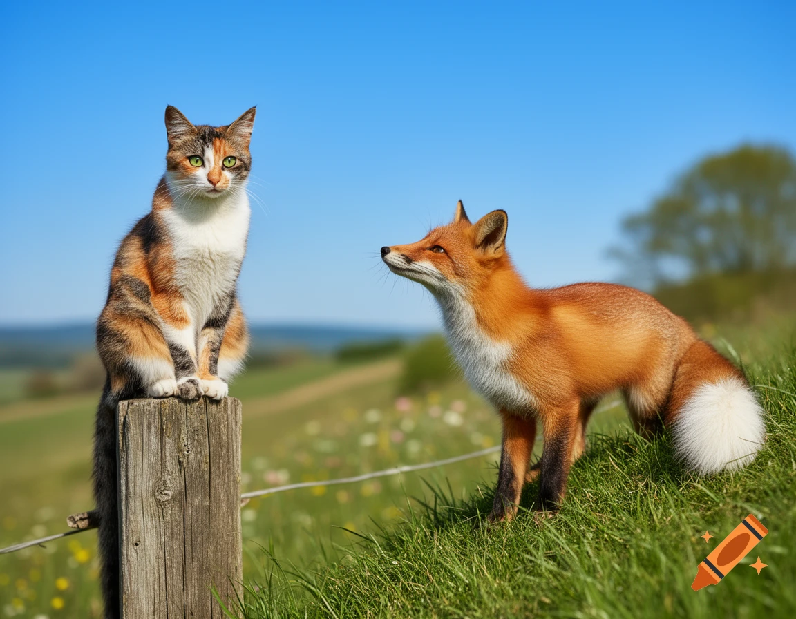 A photorealistic image of a calico cat sitting on a wooden post and a red fox standing in a grassy field under a clear blue sky.