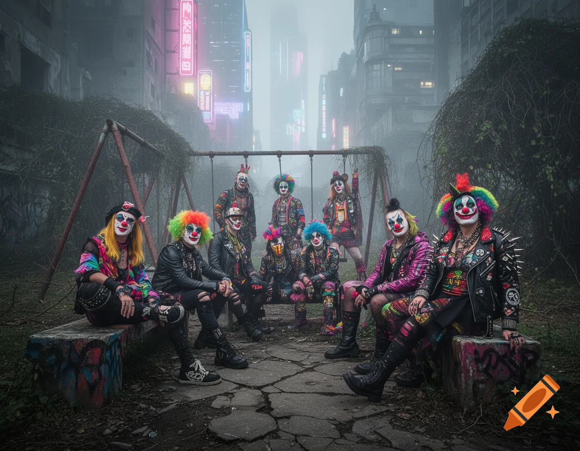 A group of punk-rock clowns with colorful hair and makeup pose in a desolate, overgrown playground in a foggy, dystopian city with neon signs.
