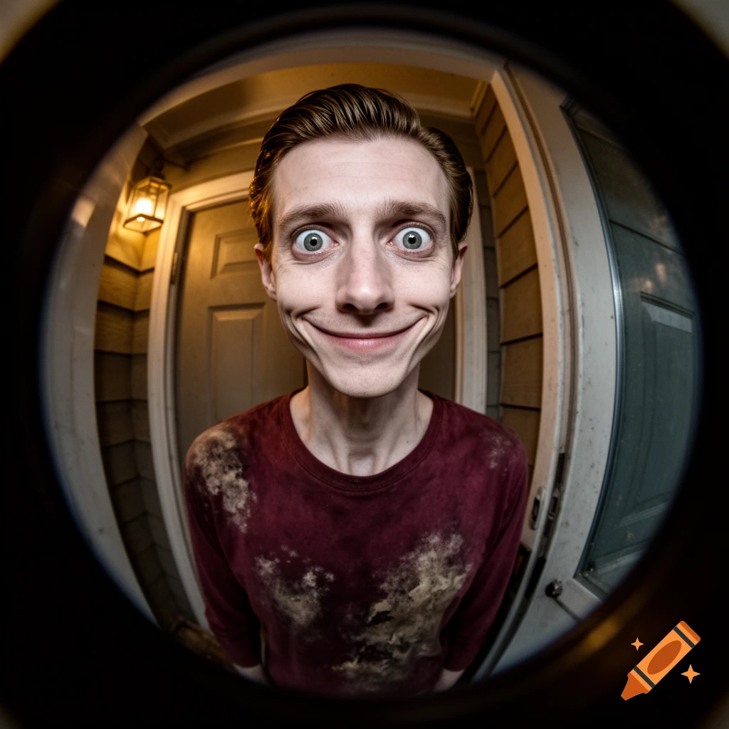 A creepy, skinny man with wide eyes and a toothless, exaggerated smile, viewed through a door peephole at night.