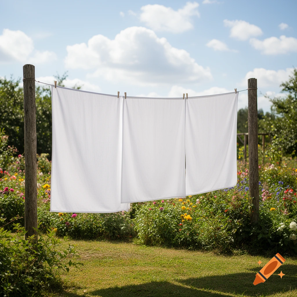 White sheets drying on a clothesline in a sunny garden with green grass, colorful flowers, and a blue sky.