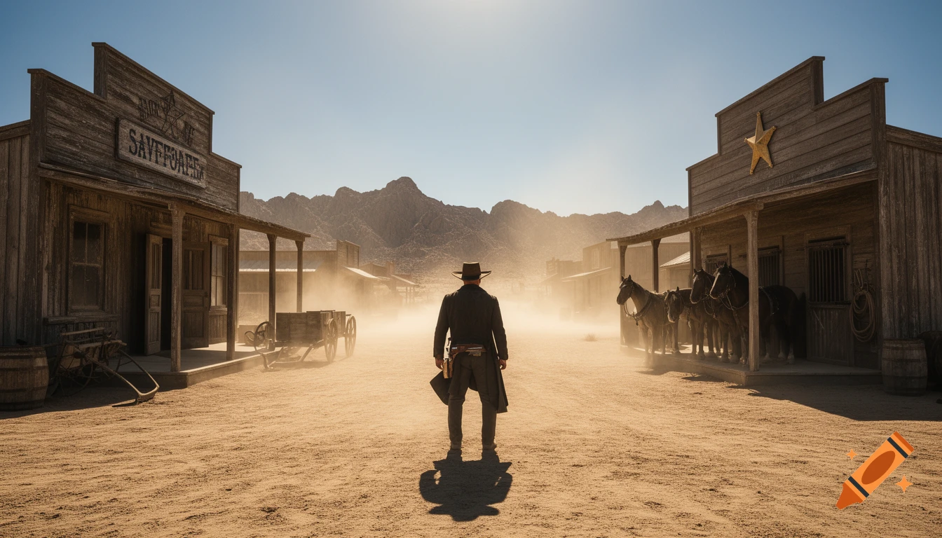 A lone cowboy stands in the dusty main street of a desolate Western town, facing two wooden buildings under a harsh sun.