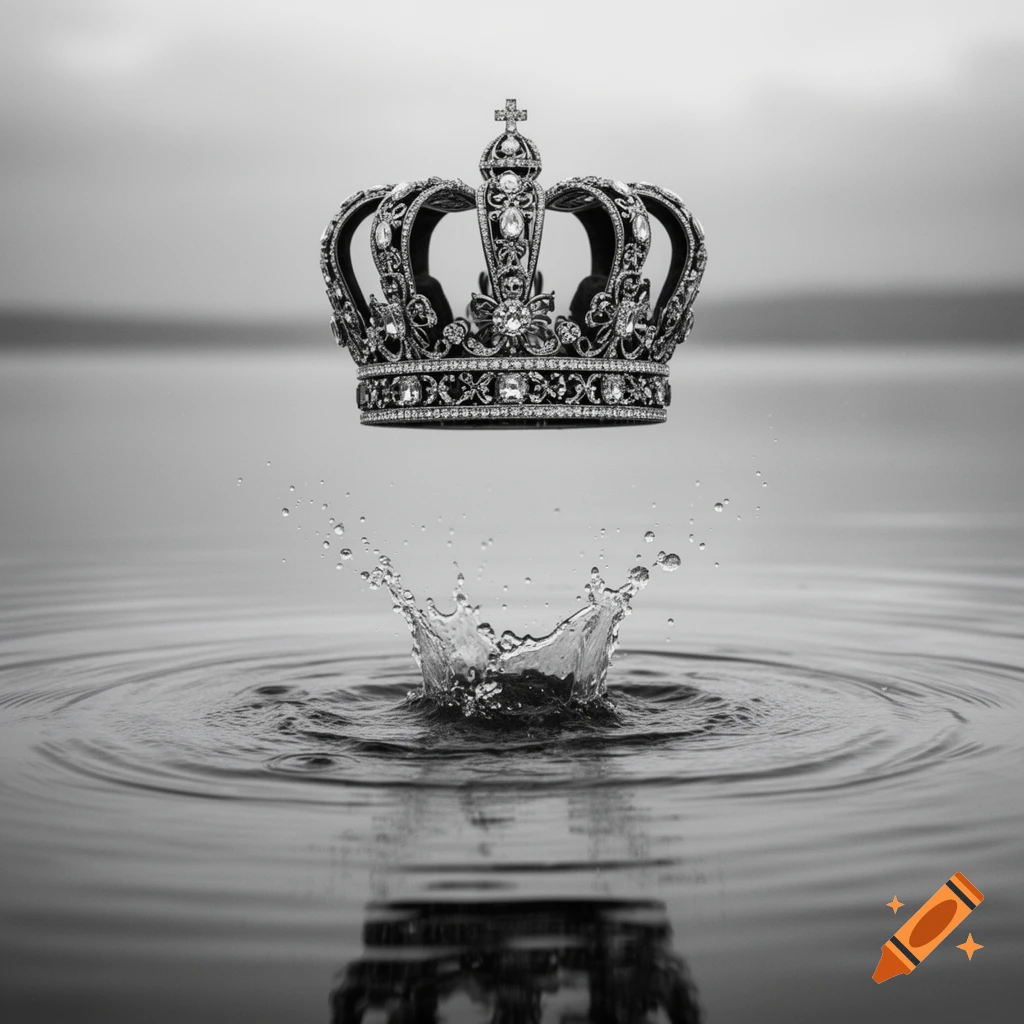 A detailed, ornate crown floats just above a dynamic water splash, sending droplets upwards in a black and white photorealistic image.