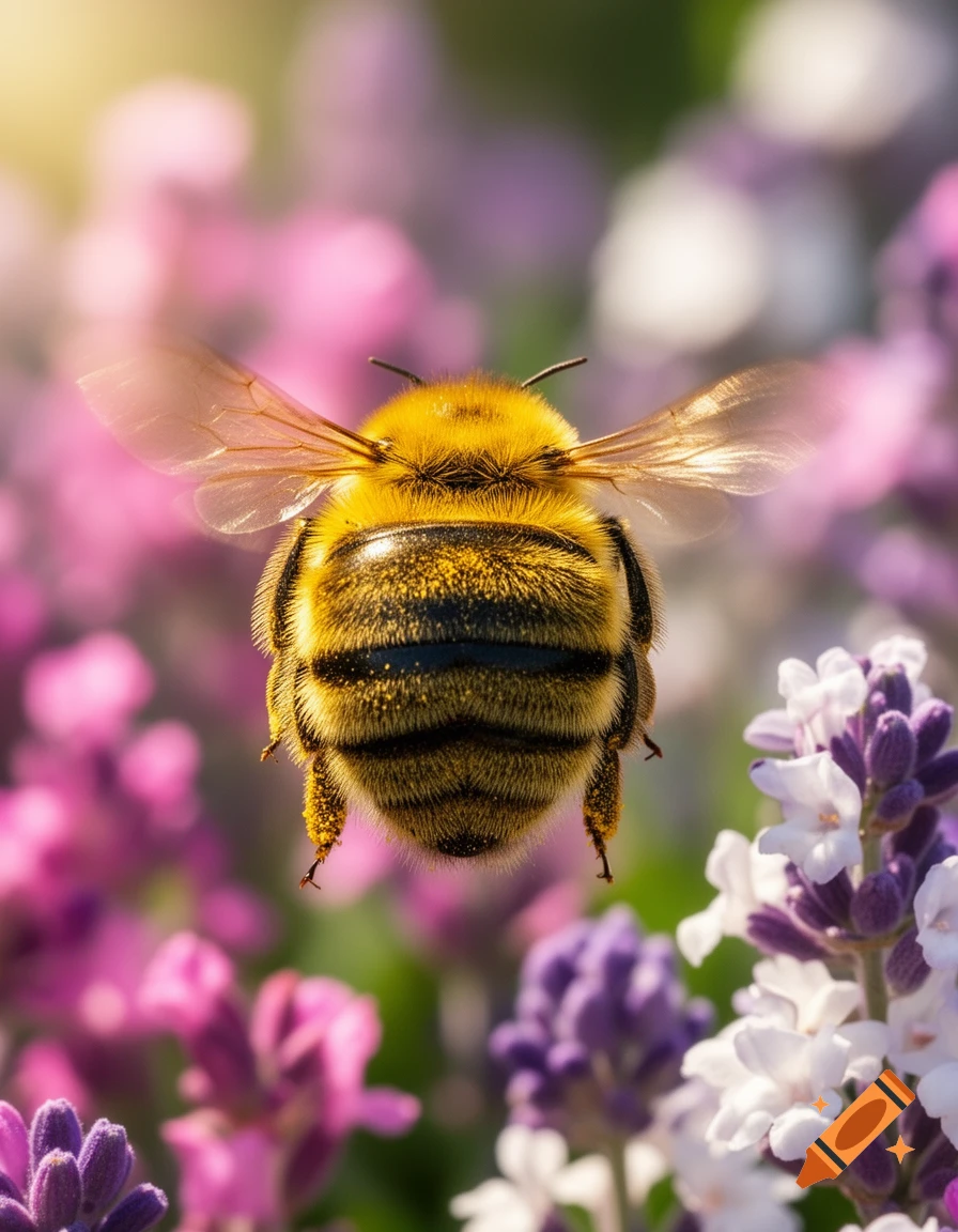 Close-up, photorealistic shot of a fluffy yellow and black bee in flight, hovering above vibrant pink, purple, and white flowers.