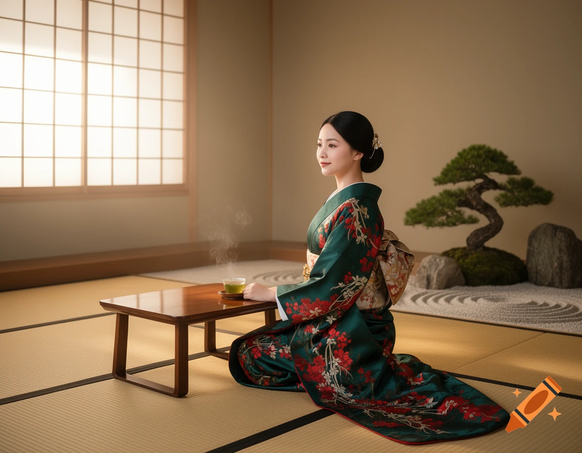 A woman in a green kimono kneels by a steaming tea cup in a traditional Japanese room with a shoji screen and a bonsai tree.