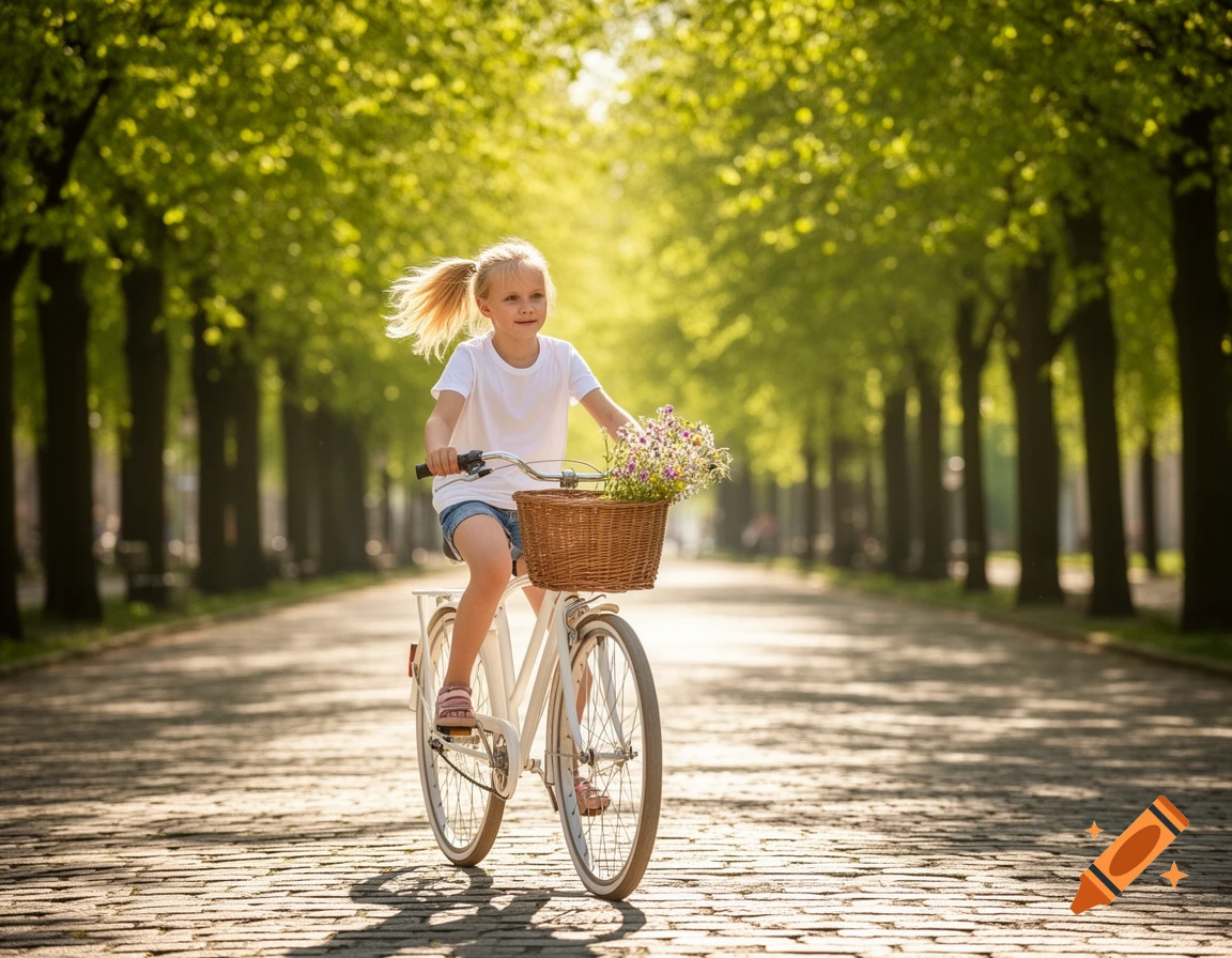 A smiling blonde girl rides a white bicycle with a flower basket on a sunny, tree-lined cobblestone path.
