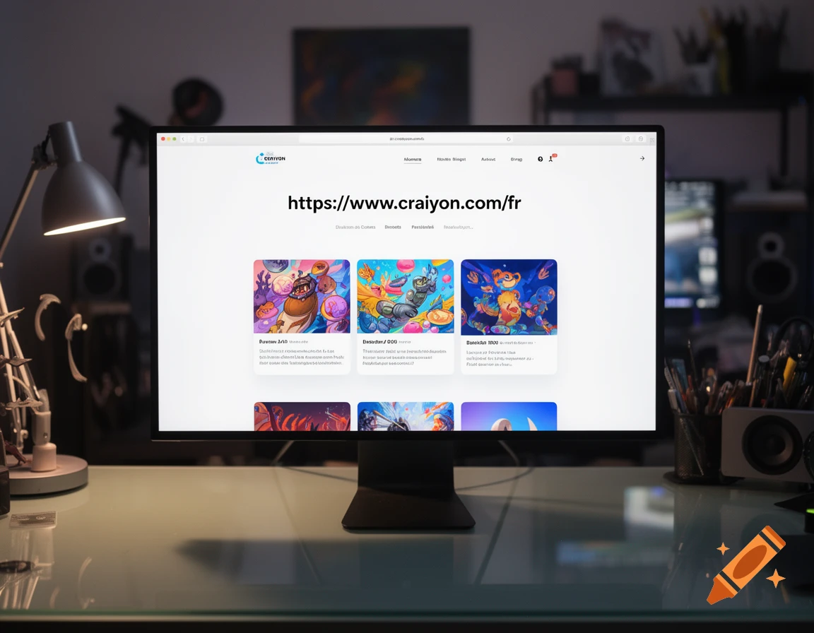 A computer monitor on a desk displays the Craiyon website with various colorful AI-generated art, alongside a desk lamp and office supplies.