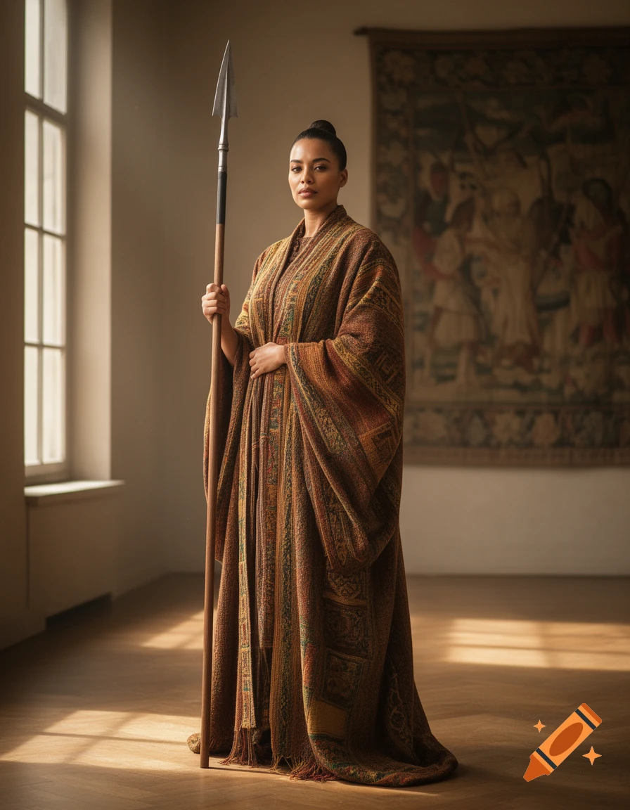 Women Flowing Robe A woman in a richly patterned, flowing robe holds a spear, standing in ...