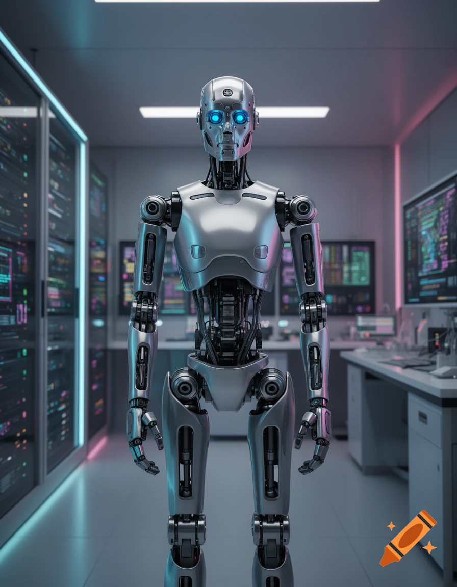 A shiny silver humanoid robot with glowing blue eyes stands in a ...