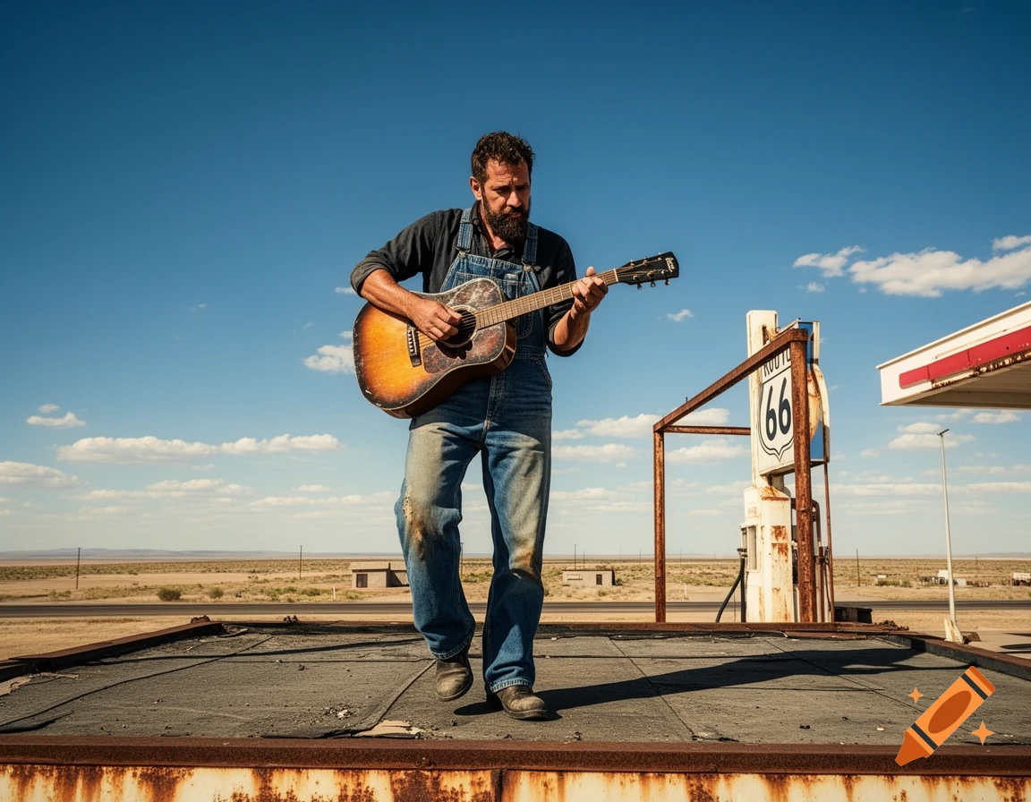 A bearded man in overalls plays an acoustic guitar on the roof of an abandoned gas station next to a 'ROUTE 66' sign in a desert.