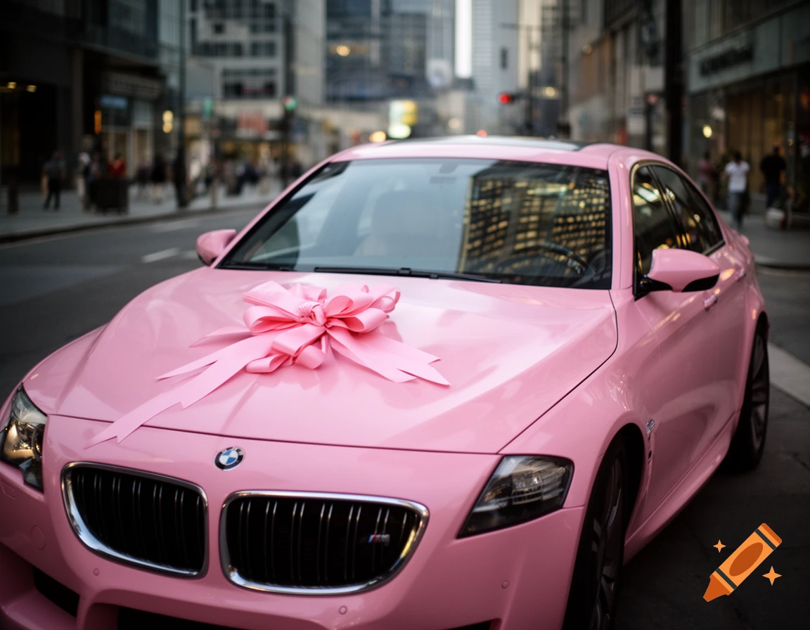A vibrant pink luxury car, resembling a BMW, adorned with a large pink bow on its hood, parked on a city street.