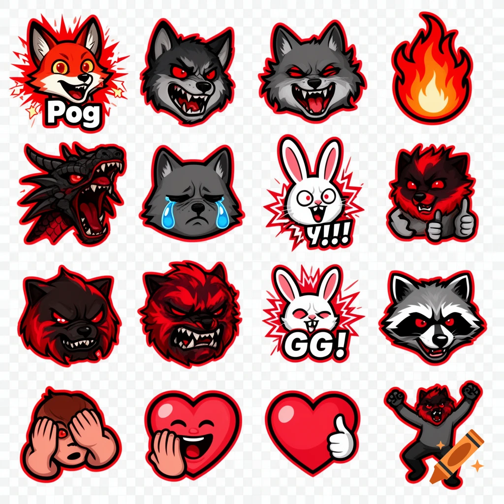 Text Pogs A grid of black and red Twitch-style cartoon animal emotes with various ...