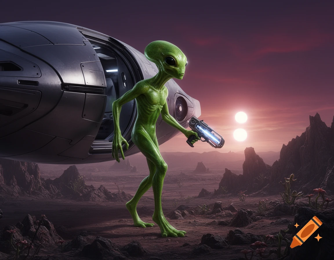 A photorealistic green alien emerges from a spaceship, holding a laser ...