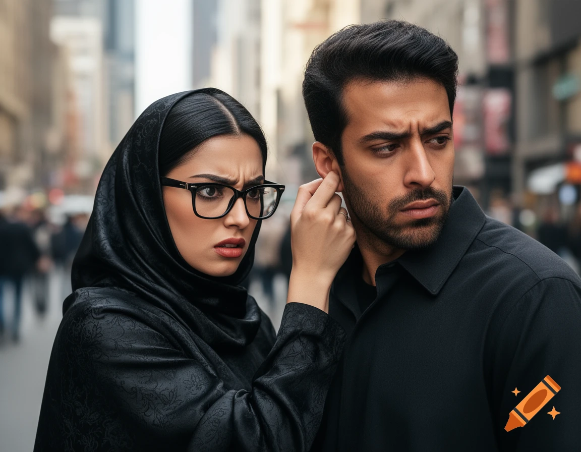 A woman in a black chador and glasses pulls a man's ear on a city street, both looking displeased. Photorealistic.