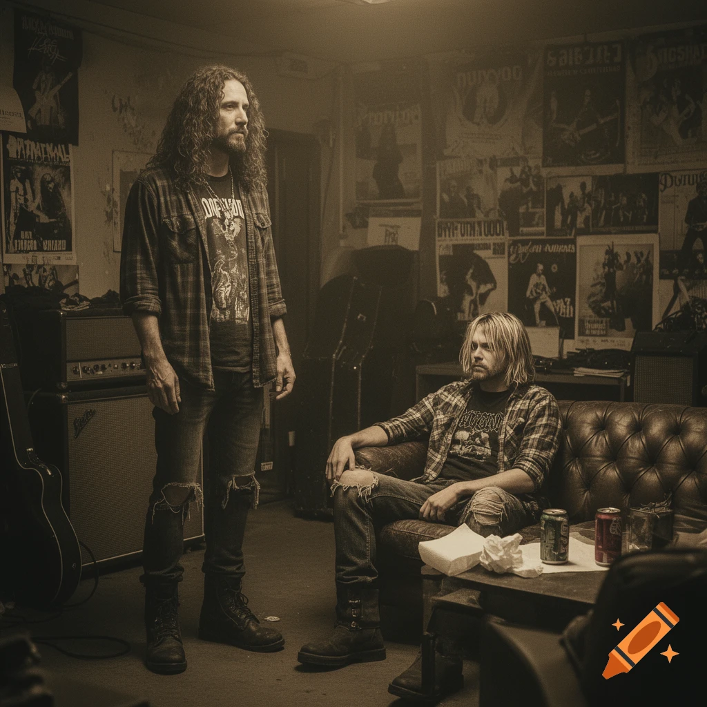Two men, resembling Chris Cornell and Kurt Cobain, in a dimly lit, poster-filled room. One stands, the other sits on a leather couch.