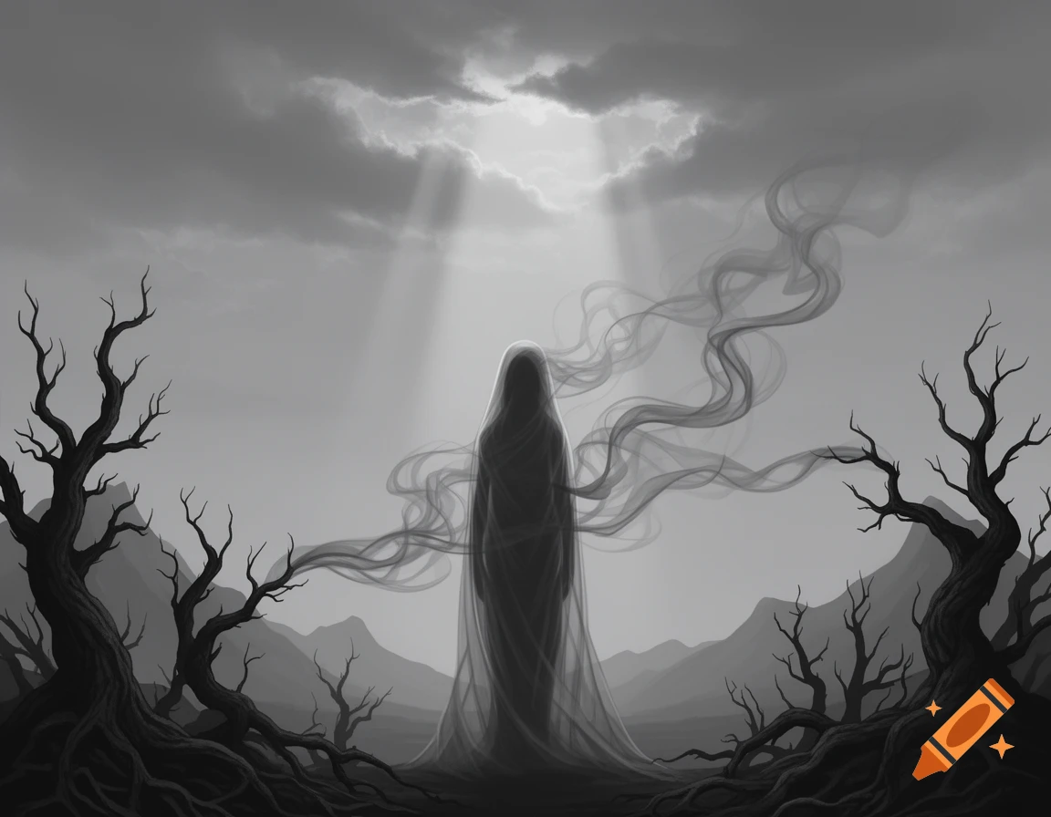 A dark, hooded figure with flowing smoke in a barren, monochromatic landscape with gnarled trees and sunbeams.