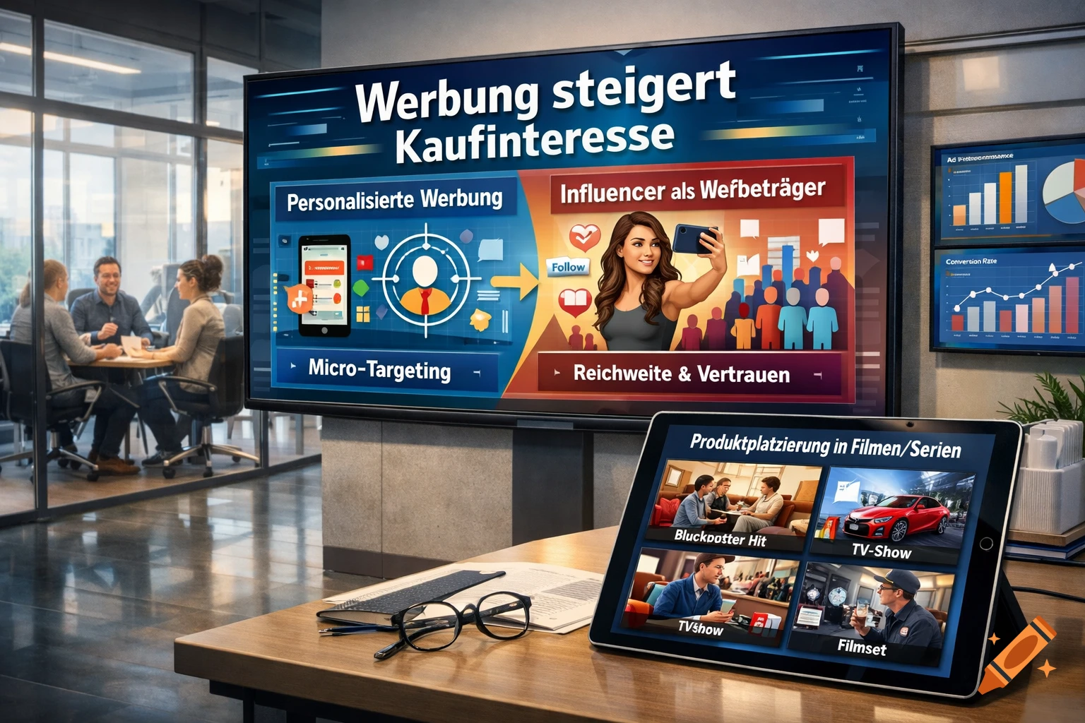Photorealistic image of an office with people in the background. A large screen displays an infographic on advertising, while a tablet shows product placement examples. Other screens display charts.