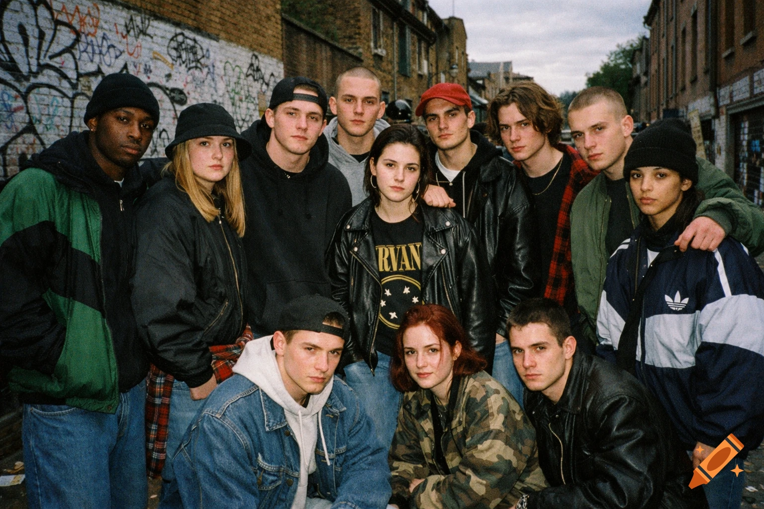 A diverse group of young adults in 90s streetwear stand in an urban street with graffiti, looking serious, in a vintage style.