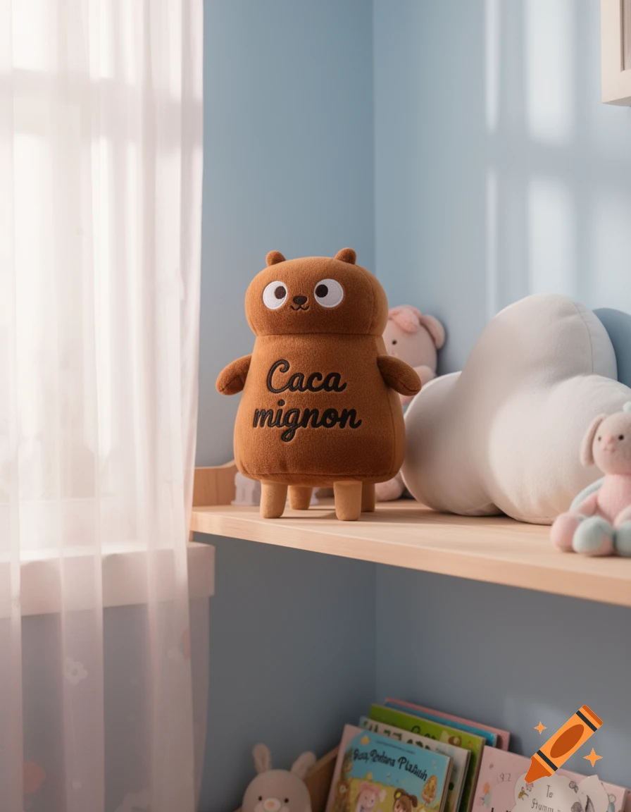 A photorealistic brown plush toy with 'Caca mignon' embroidered on it, standing on a wooden shelf in a child's room.