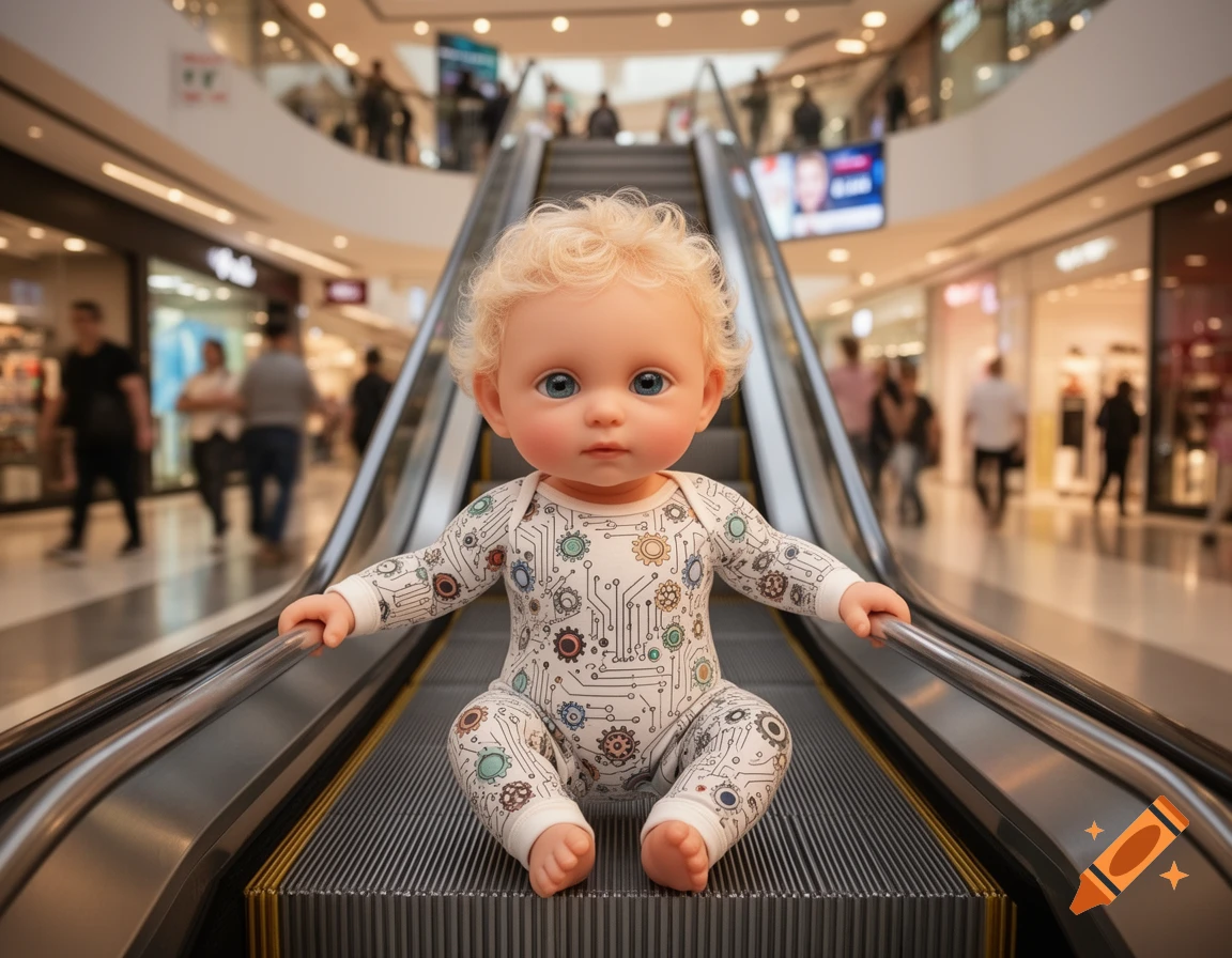 A lifelike doll with blonde curly hair and blue eyes, wearing a circuit board onesie, sits on an escalator in a shopping mall.