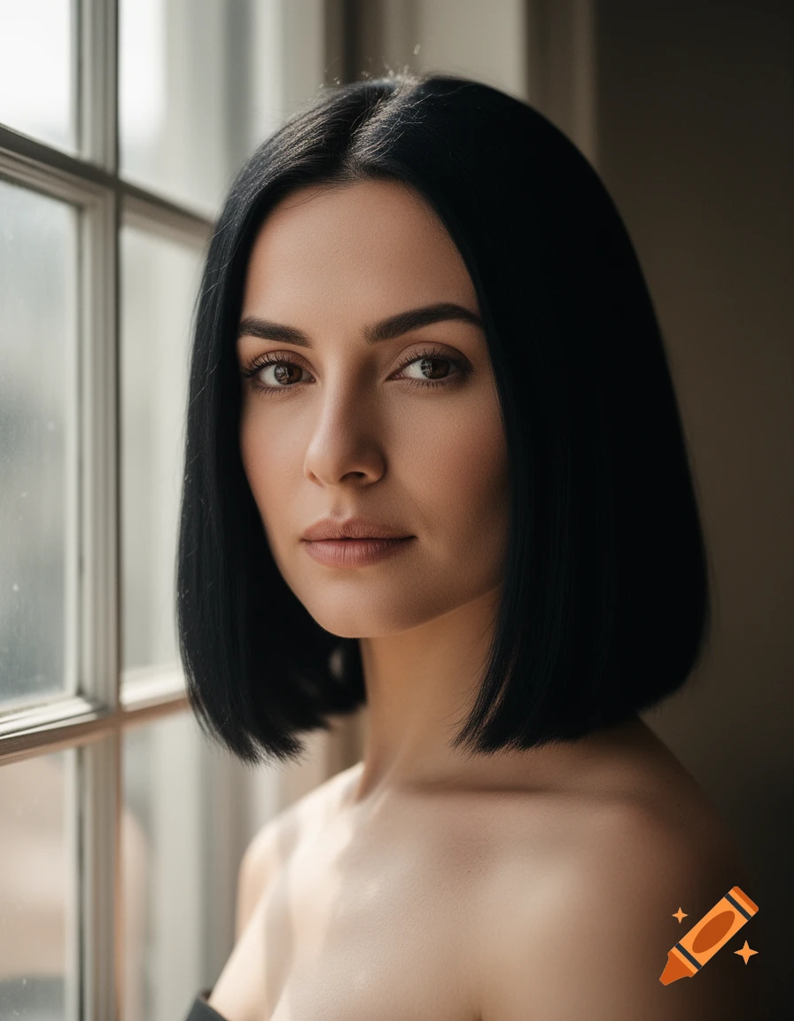 An elegant woman with short black hair stands by a window, soft light ...