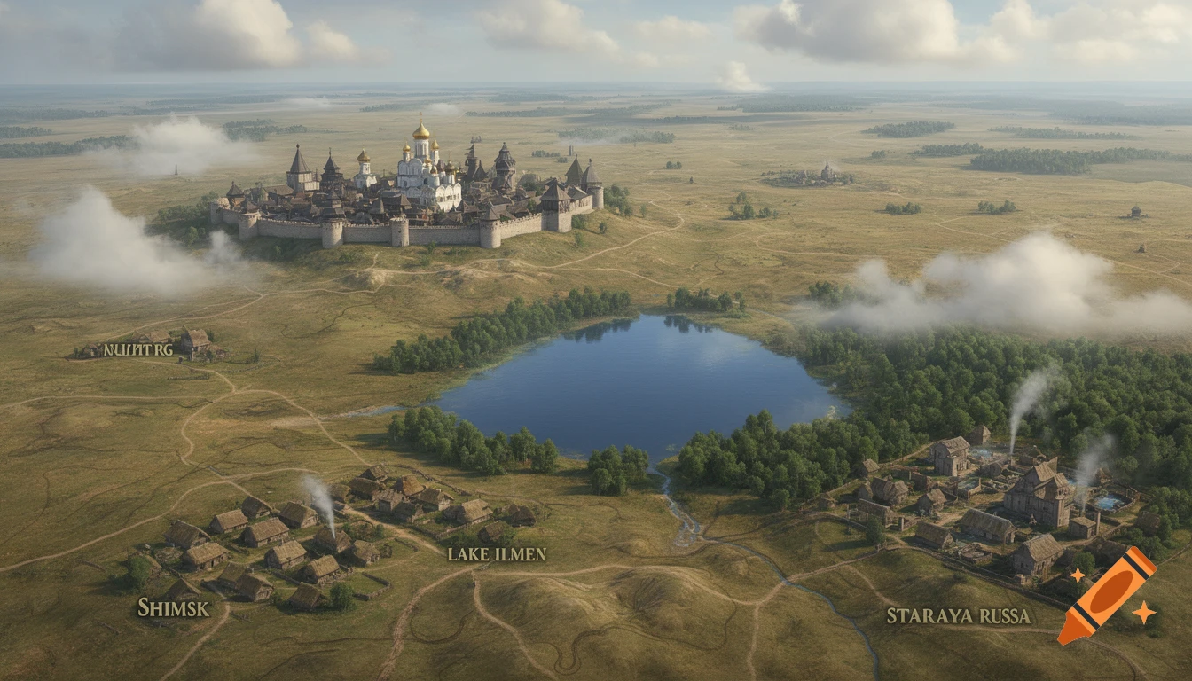 Aerial view of a medieval city with golden domes, a lake, and villages ...