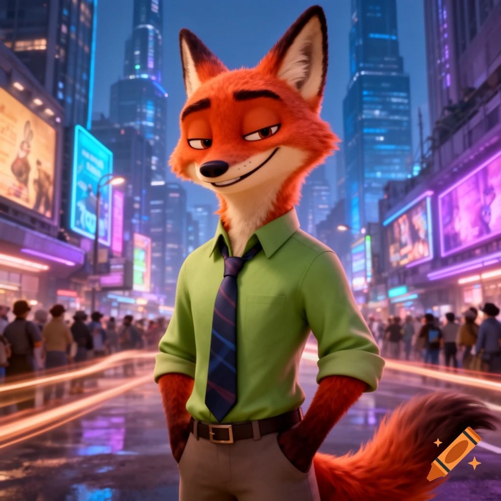 Nick Wilde, an anthropomorphic fox, smirks in a green shirt and tie in a vibrant, neon-lit city at night.
