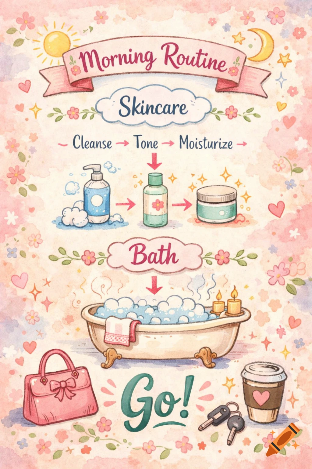 A cute watercolor illustration of a morning routine, featuring skincare steps, a bubbly bath, and items for leaving the house, all set against a floral background.