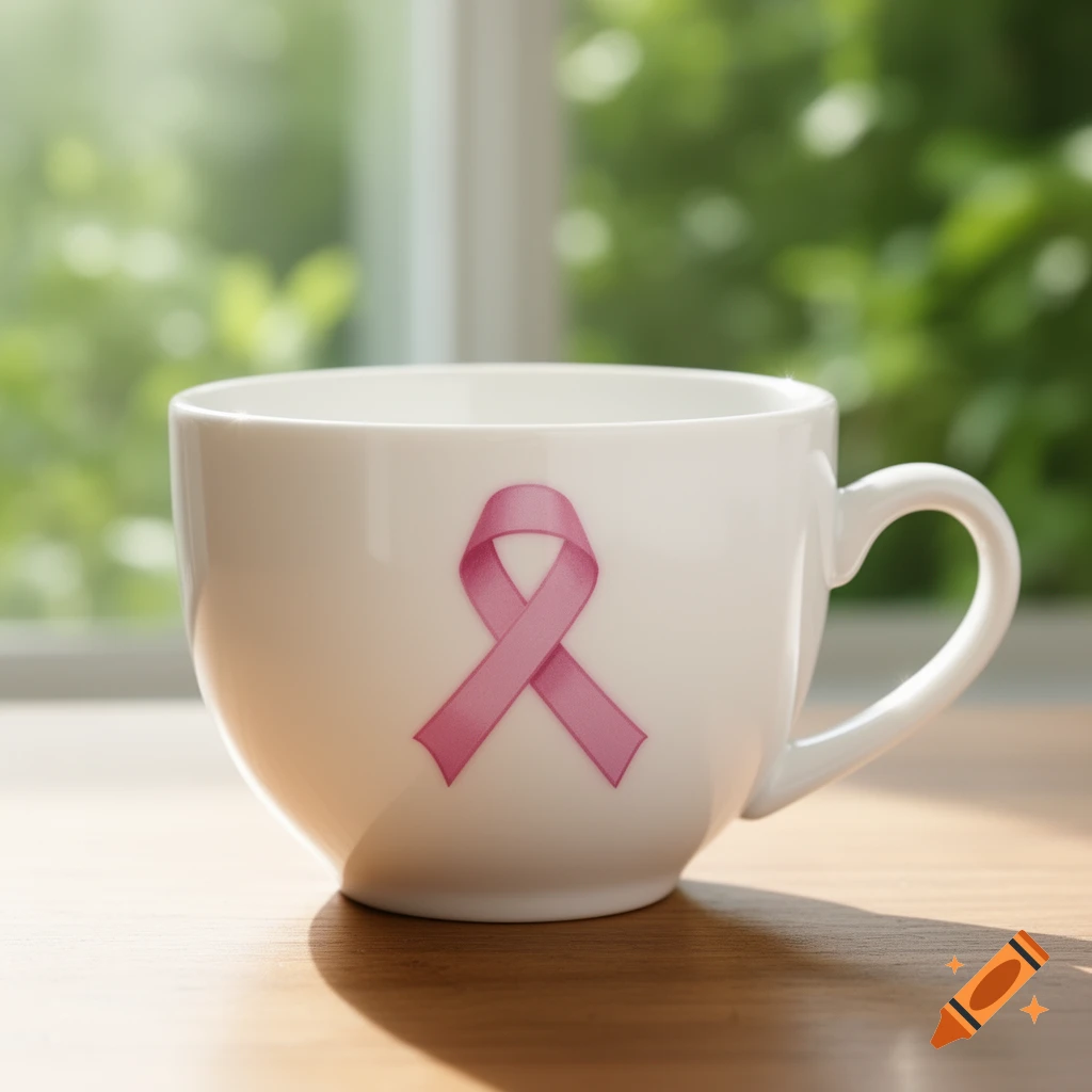 A white teacup sits on a wooden table with a pink breast cancer awareness ribbon on its side, with a blurred green background.
