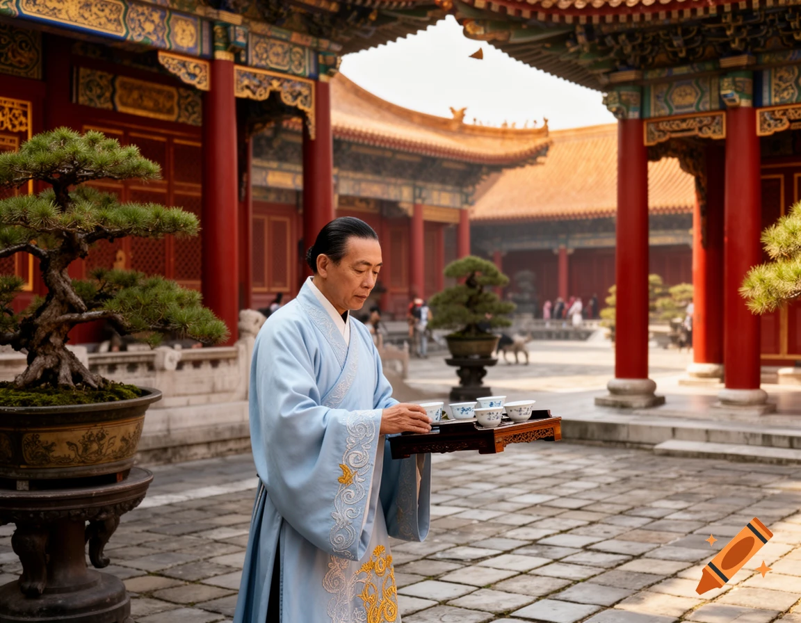 A man in traditional blue robes holds a tea tray in a vibrant ancient Chinese palace courtyard with bonsai trees.