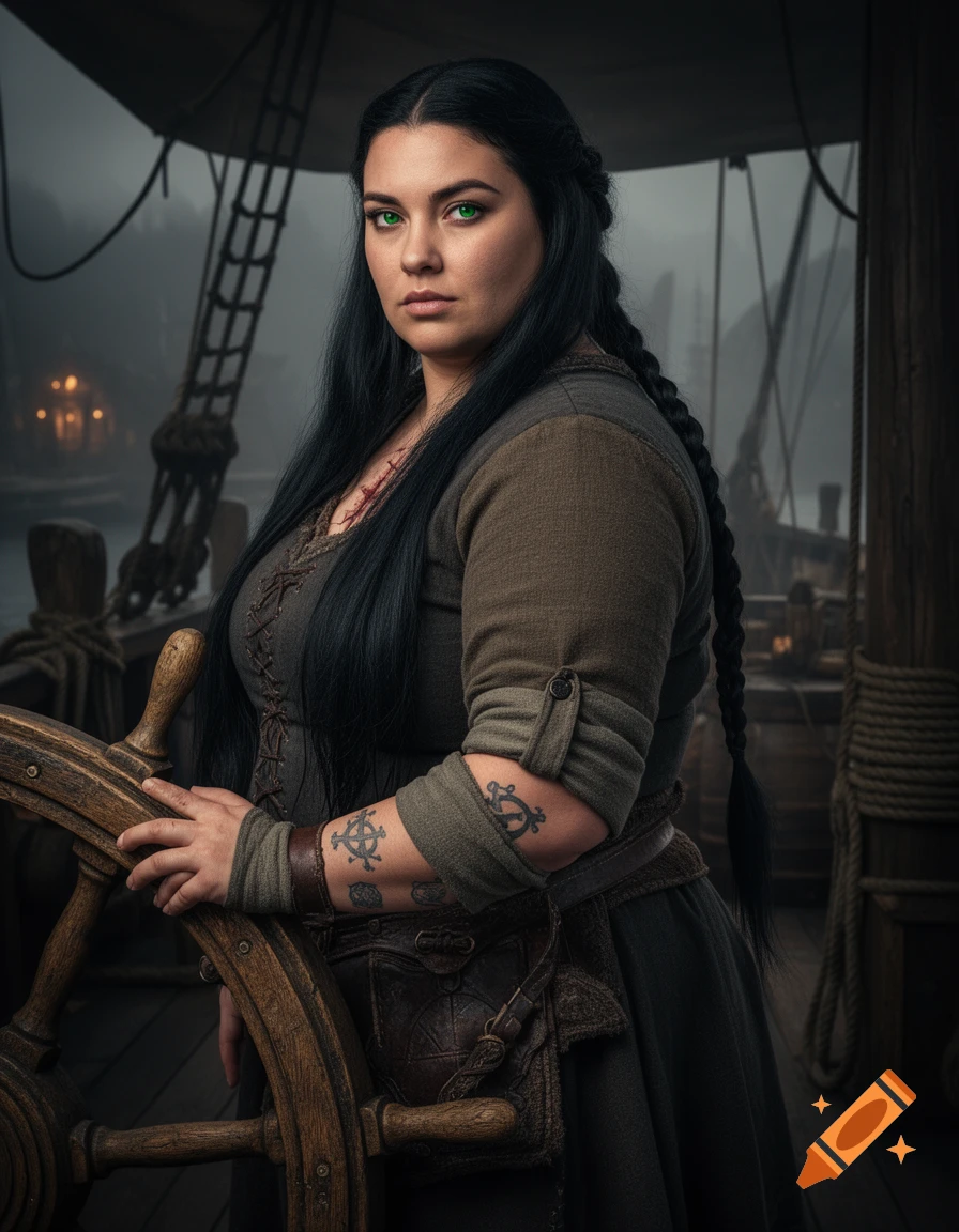 A fierce woman with long black hair, green eyes, and tattooed arms stands at a ship's helm on a misty day, wearing practical medieval/Viking clothing.