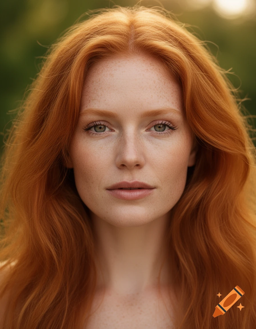 Close-up photorealistic portrait of a young woman with long red hair ...