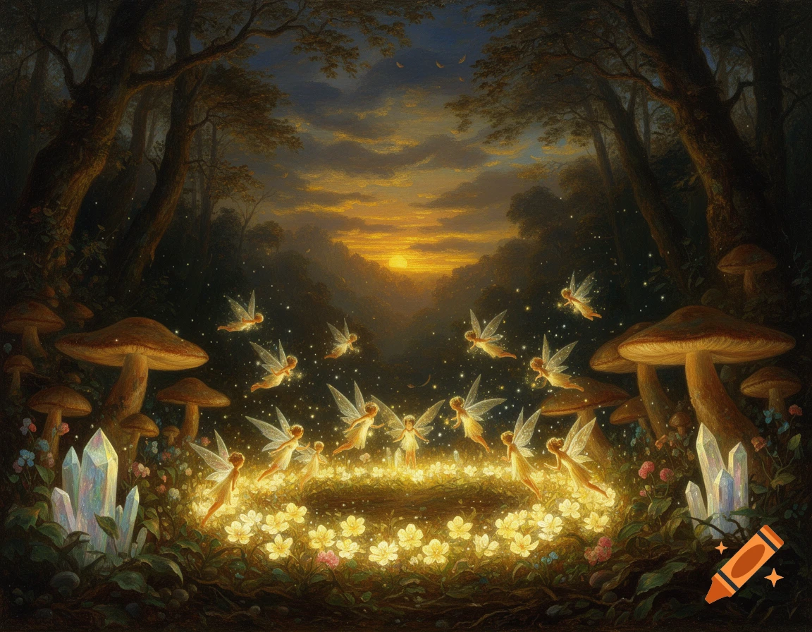Romanticism oil painting: Fairies with glowing wings dance around luminous flowers, giant mushrooms, and crystals in an enchanted forest at sunset.